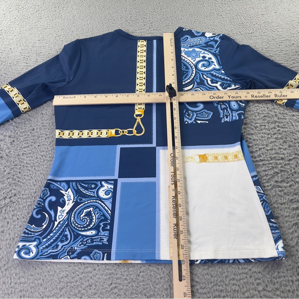 J Mclaughlin Top Womens Medium Blue Printed Catalina Cloth 3/4 Sleeve Preppy - Picture 6 of 6